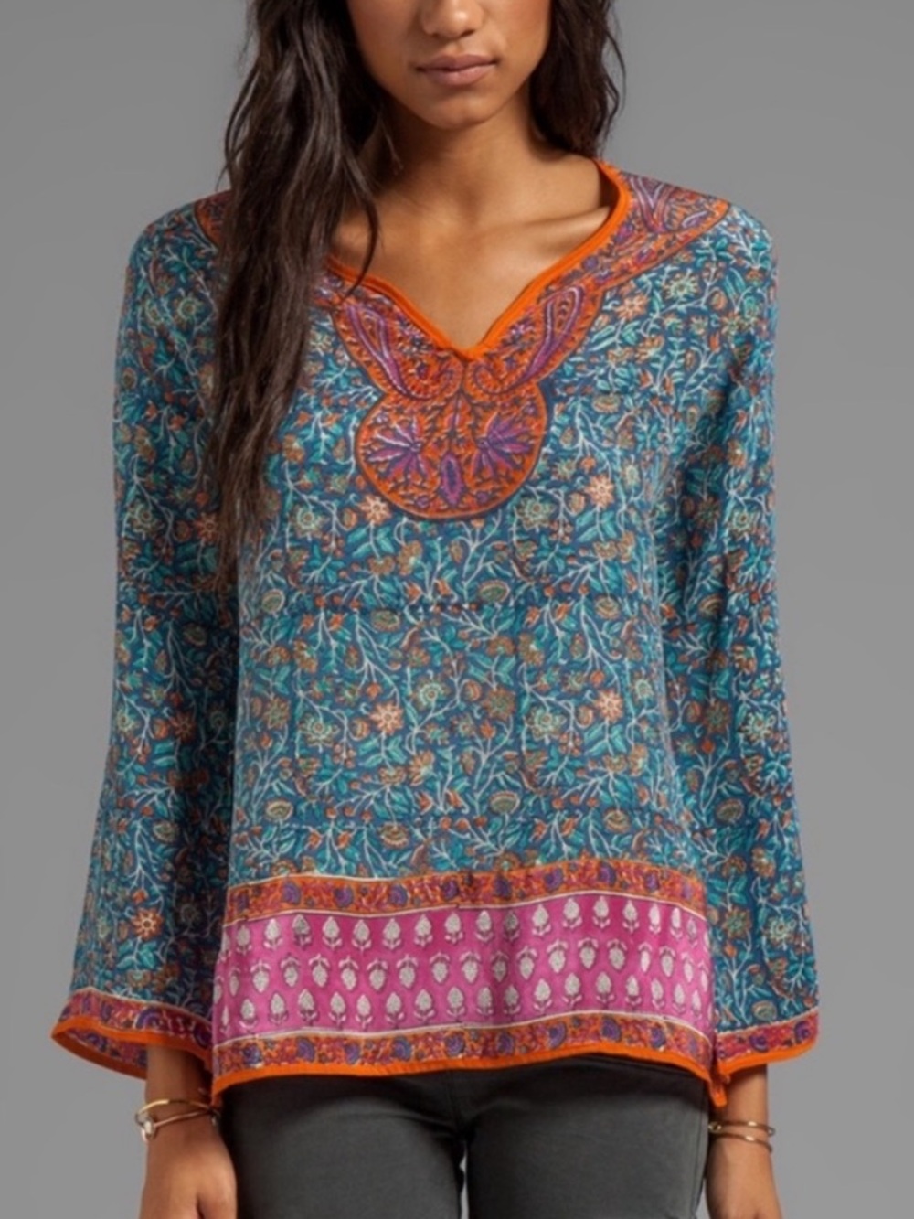 Tolani Teal Floral Scarf-Print V-Neck Blouse with Pink & Orange Trim
